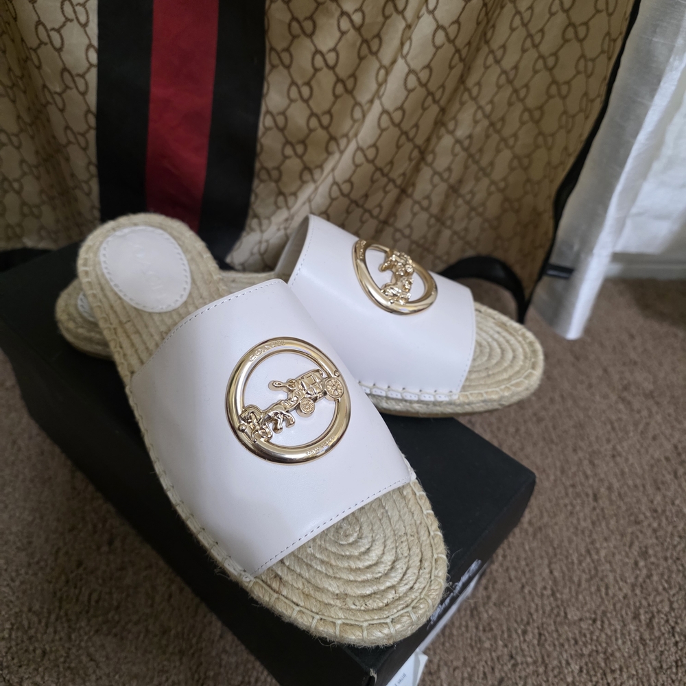 White Slide Sandals with Gold Accent